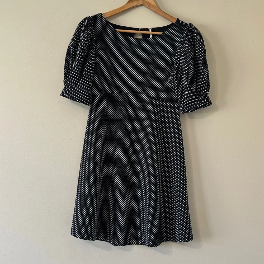 Free People Penelope Black & White Polks Dot Dress Puff Sleeve Keyhole Back XS